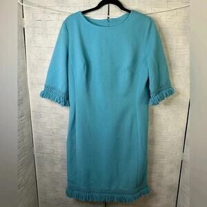 Vintage Edith Flagg 70s blue tassel sheath dress 3/4 length sleeve evening